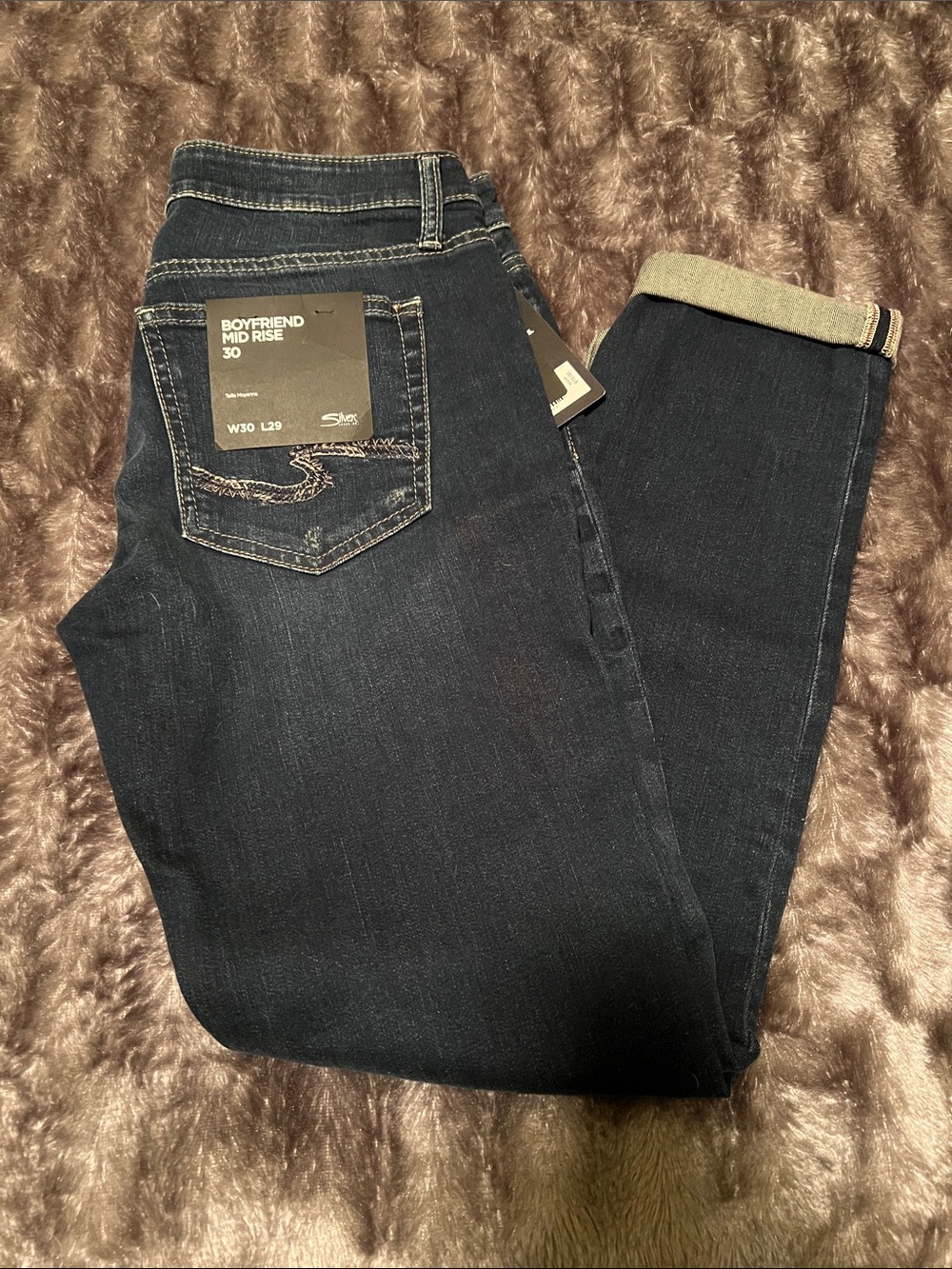 Women’s Siver Boyfriend Mid Rise Dark Blue Jeans, W30 L29